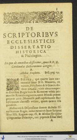DE SCRIPTORIBUS ECCLESIASTICIS DISSERTATIO HISTORICA et Philologica