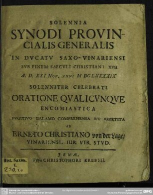 Solennia synodi provincialis generalis in ducatu Saxo. Vinariensi anni 1699