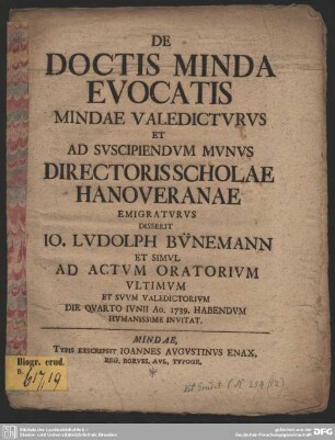De Doctis Minda Evocatis : Mindae Valedicturus Et Ad Suscipiendum Munus Directoris Scholae Hanoveranae Emigraturus
