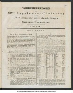 Vorbemerkungen zur XIVten Supplement-Lieferung oder IXten Lieferung neuer Bearbeitungen von Stieler's Hand-Atlas : Juli 1847