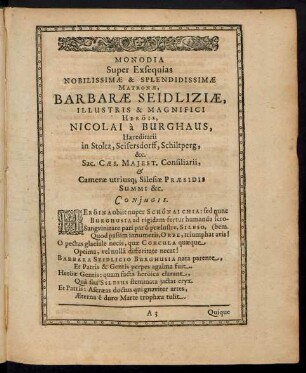 Monodia Super Exsequias ... Matronae, Barbarae Seidliziae ... Herois, Nicolai a Burghaus ... Coniugis.