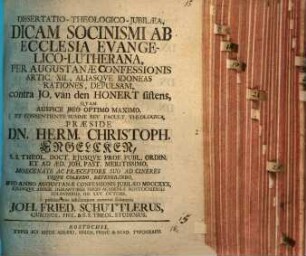 Diss. theol. iubilaea dicam Socinismi ab ecclesia evangelico-lutherana per Augustanae confessionis artic. XII. ... depulsam, contra J. van den Honert