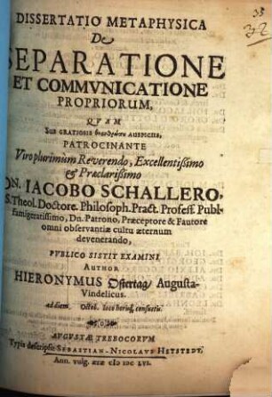 Dissertatio metaphysica de separatione et communicatione propriorum