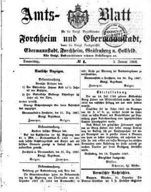 Amtsblatt für die Königlichen Bezirksämter Forchheim und Ebermannstadt sowie für die Königliche Stadt Forchheim : dann die Königlichen Amtsgerichte Ebermannstadt, Forchheim und Gräfenberg. 1868