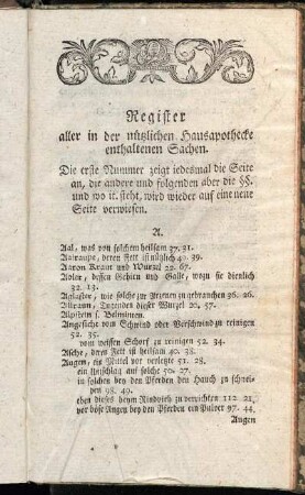 Register aller in der nützlichen Hausapothecke enthaltenen Sachen.