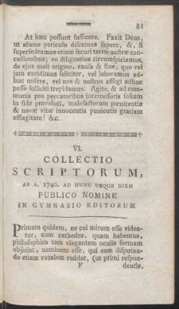VI. Collectio Scriptorum, Ab A. 1740. Ad Hunc Usque Diem Publico Nomine In Gymnasio Editorum