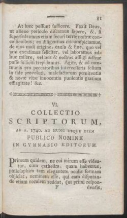 VI. Collectio Scriptorum, Ab A. 1740. Ad Hunc Usque Diem Publico Nomine In Gymnasio Editorum
