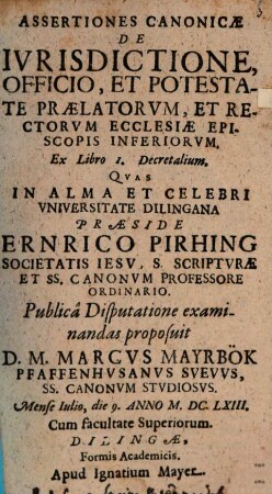 Assertiones canonicae de iurisdictione, officio et potestate praelatorum, et rectorum ecclesiae episcopis inferiorum