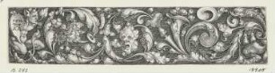 Ornament mit Satyr, Maske und Delphin in Rankenwerk
