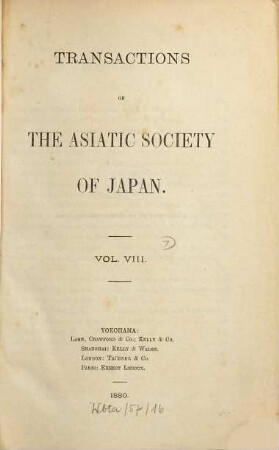 Transactions of the Asiatic Society of Japan, 8. 1880