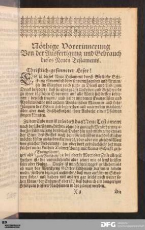 Nöthige Vorerinnerung Von der Ausfertigung und Gebrauch dieses Neuen Testaments.