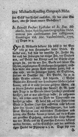 Epistolae ad Jo. Dav. Michaelis, huius spicilegium geographiae Hebraeorum exterae jam confirmantes jam castigantes.