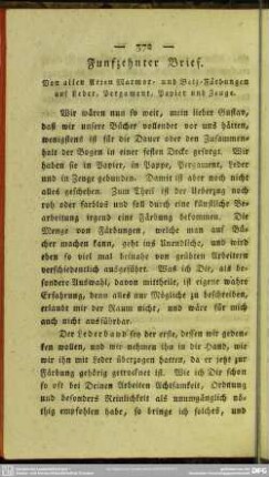 Funfzehnter Brief. Von allen Arten Marmor- und Beiz-Färbungen auf Leder, Pergament, Papier und Zeuge