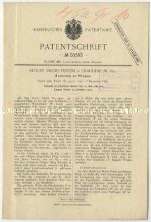 Patentschrift einer Neuerung an Pflügen, Patent-Nr. 50393