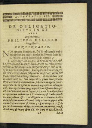 Disputatio XIX. De Obligationibus In Genere Respondente Philippo Hellero Augustano.