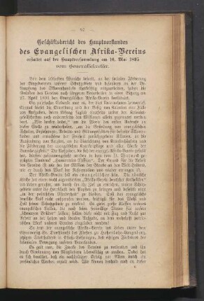 Geschäftsbericht des Hauptvorstandes des Evangelischen Afrika-Vereins erstattet auf Hauptversammlung am 10. Mai 1895