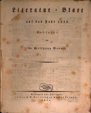 Morgenblatt für gebildete Stände. Literatur-Blatt. 1830