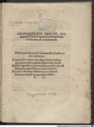 Grammaticale Bellvm. Nominis & Verbi Regum, de principalitate oratio[n]is inter se co[n]tendentum