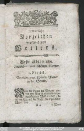 Erste Abtheilung. Vorzeichen vom schönen Wetter.
