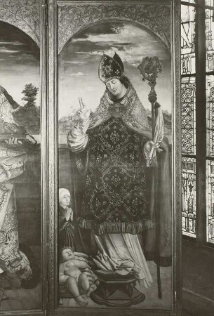 Döbeln, Nicolaikirche, Innenraum, Altar : Flügelaltar, 1. Wandlung, rechter Flügel mit dem Heilgen Valentin, Temperagemälde