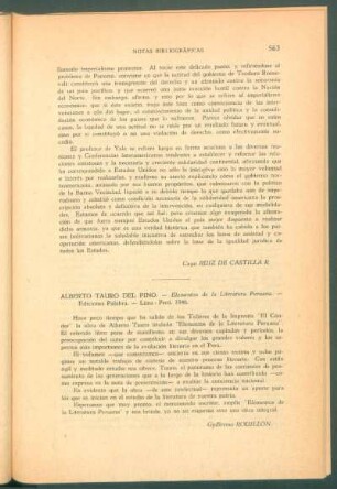 Alberto Tauro del Pino: "Elementos de la Literatura Peruana", Ediciones Palabra, Lima, Perú, 1946