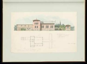 Kaffeehaus am Landwehrkanal, Berlin Monatskonkurrenz April 1851: Grundriss Erdgeschoss, Aufriss Längsansicht; 2 Maßstabsleisten
