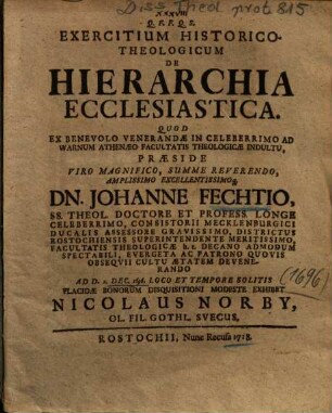 Exercitium Historico-Theologicum De Hierarchia Ecclesiastica