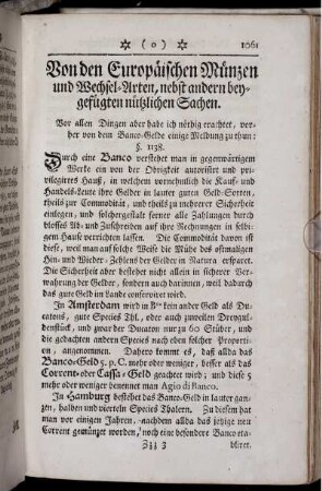 Von den Europäischen Münzen und Wechsel-Arten, nebst andern beygefügten nützlichen Sachen.