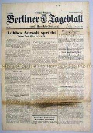 Berliner Tageblatt zum Reichstagsbrand-Prozess