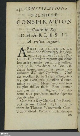 Premiere Conspiration Contre le Roy Charles II. A present regnant