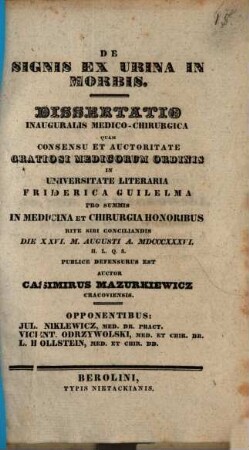 De signis ex urina in morbis : diss. inaug. med. chir.