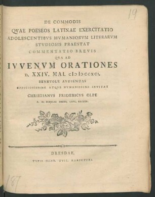 De Commodis Quae Poeseos Latinae Exercitatio Adolescentibus Humaniorum Literarum Studiosis Praestat : Commentatio Brevis