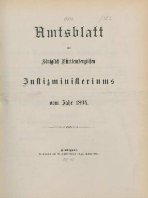 1894: Amtsblatt des Württembergischen Justizministeriums