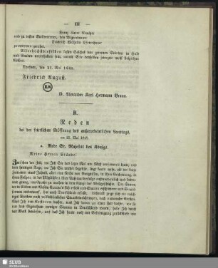 D. Reden bei der feierlichen Eröffnung des außerordentlichen Landtags, am 21. Mai 1848