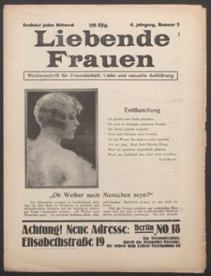 Liebende Frauen : Wochenschrift für Freundschaft, Liebe und sexuelle Aufklärung 4(1929)2