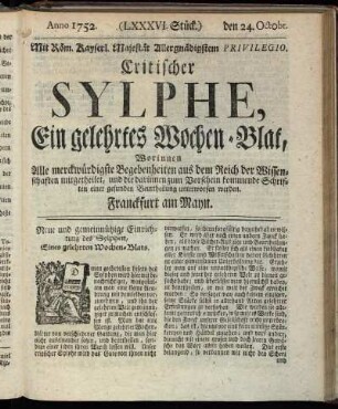 (LXXXVI. Stück.) den 24. Octobr. Anno 1752.
