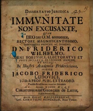 Dissertatio Juridica De Immvnitate Non Excusante