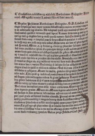 In Metamorphoseos librum epitoma : mit Brief an den Autor, Fiesole 17.5.1492, von Angelus Politianus und Widmungsgedicht des Autors an Politianus