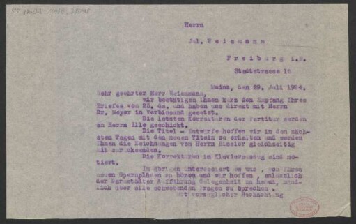 Brief an Julius Weismann : 29.07.1924
