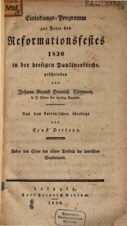 Einladungs-Programm zur Feier des Reformationsfestes 1830 in der hiesigen Paulinerkirche