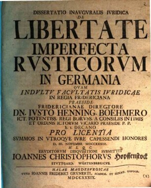 Dissertatio Inavgvralis Ivridica De Libertate Imperfecta Rvsticorvm In Germania