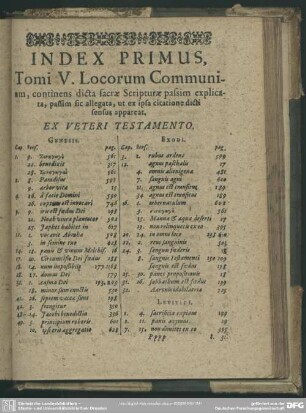 Index Primus, Tomi V. Locorum Communium, continens dicta sacrae Scripturae passim explicata sic allegata, ut ex ipsa citatione dicti sensus appareat. Ex Veteri Testamento