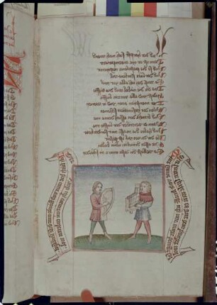 Zwei Männer, Handorgel und Harfe spielend : Zwei Männer, Handorgel und Harfe spielend. Illustration zu Laufenberg, Heinrich: Regimen sanitatis. Blatt 102verso. Elsass, um 1450. Text und Zeichnung (in der Kolumne), koloriert und laviert; 29 x 21 cm. Staatsbibliothek zu Berlin - Preußischer Kulturbesitz Ms. germ. fol. 1191