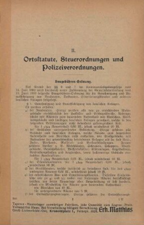 II. Ortsstatute, Steuerordnungen und Polizeiverordnungen