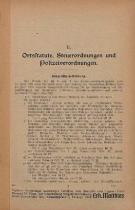 II. Ortsstatute, Steuerordnungen und Polizeiverordnungen
