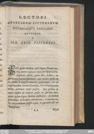 Lectori Graecarum Litterarum Historiaeque Fabularis Studioso S. Ioh. Frid. Fischerus