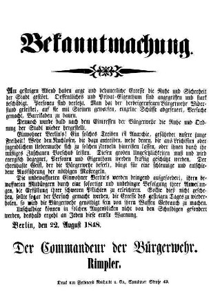 Bekanntmachung. Am gestrigen Abend haben arge und bedauerliche Exesse [...]