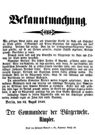 Bekanntmachung. Am gestrigen Abend haben arge und bedauerliche Exesse [...]