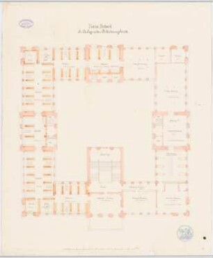 Gebäude für die Vereinigten Großherzoglichen Sammlungen (Kunst, Münzen, Bibliothek, Naturwissenschaften), Karlsruhe: Grundriss für Raumnachweis und Heizung, 2. OG