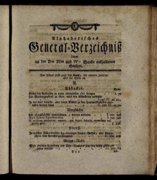 Alphabetisches General-Verzeichnis deren im Iten IIten IIIten IV Bande enthaltenen Sachen.